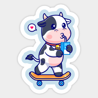 Cute Cow Drinking Milk On Skateboard Cartoon Sticker